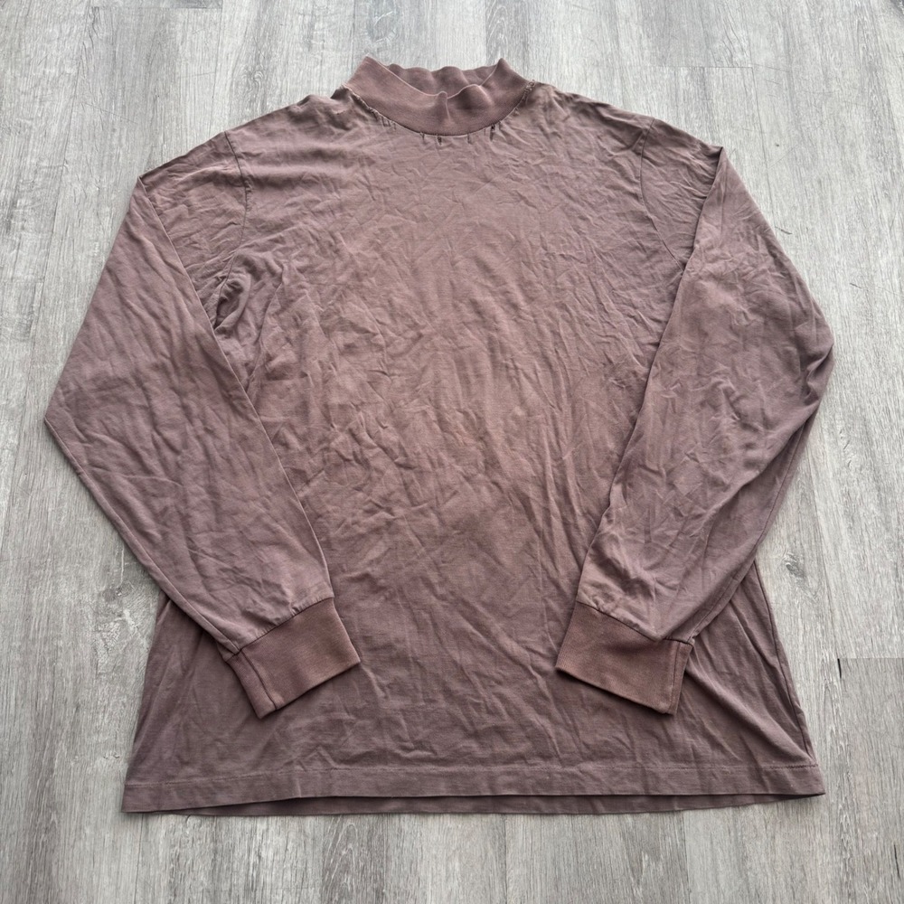 Vintage 70s Mock Neck Long Sleeve T-Shirt Faded Brown Distressed Earth Tone